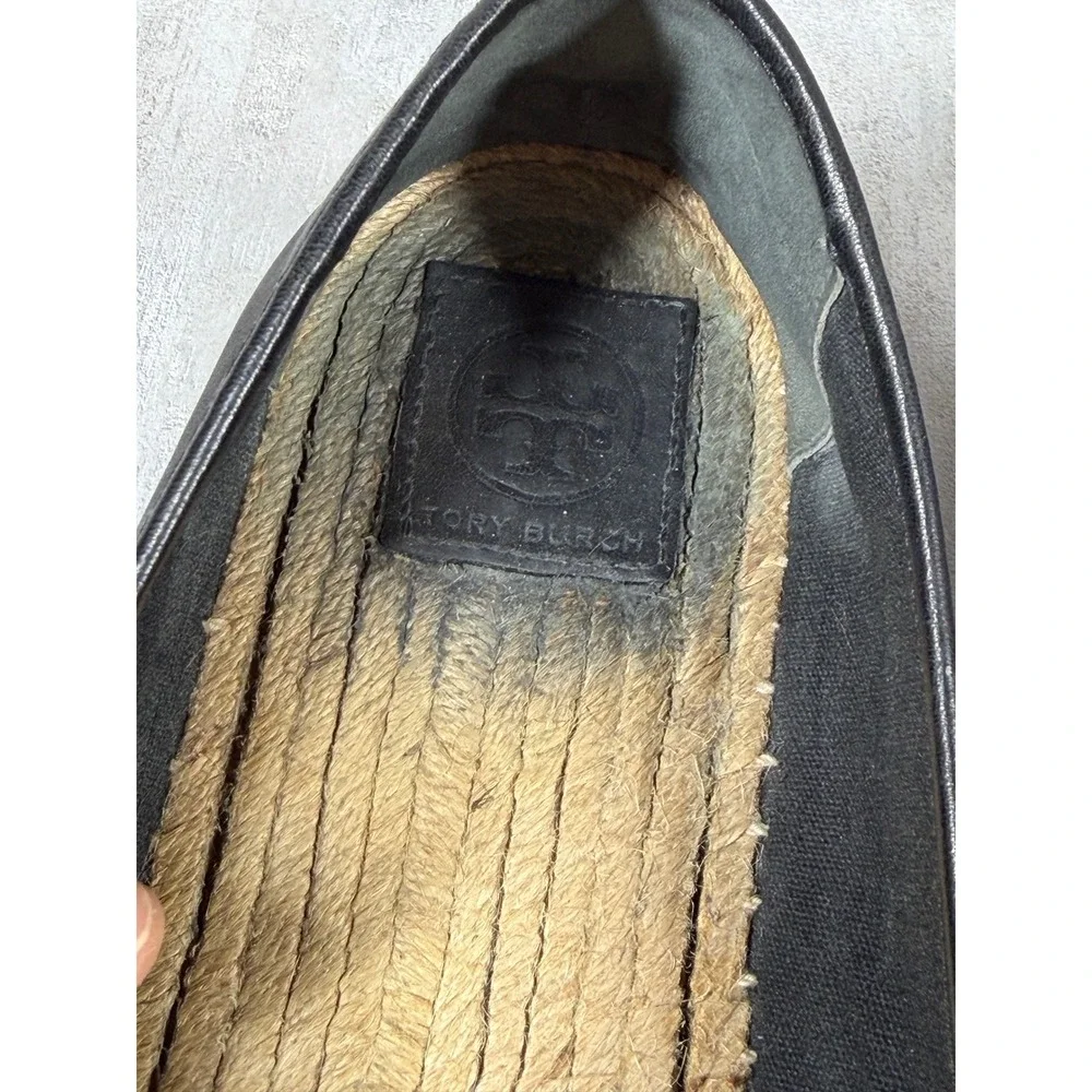 Tory Burch Ines Black Leather Perforated Logo Espadrille Flats Womens 11 50966